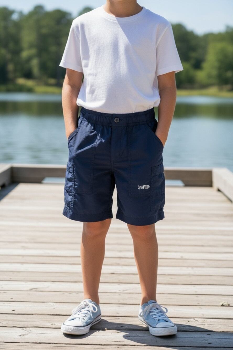 AFTCO Youth Fishing Shorts Navy Blue Cargo Pocket Elastic Waist Size 22 6/7